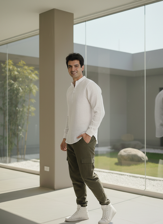 Front zipper on white hemp kurta, modern functional design Moon N Lotus